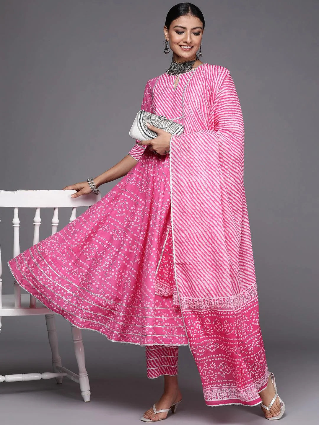 Pink Printed Cotton Anarkali Suit Set - Libas