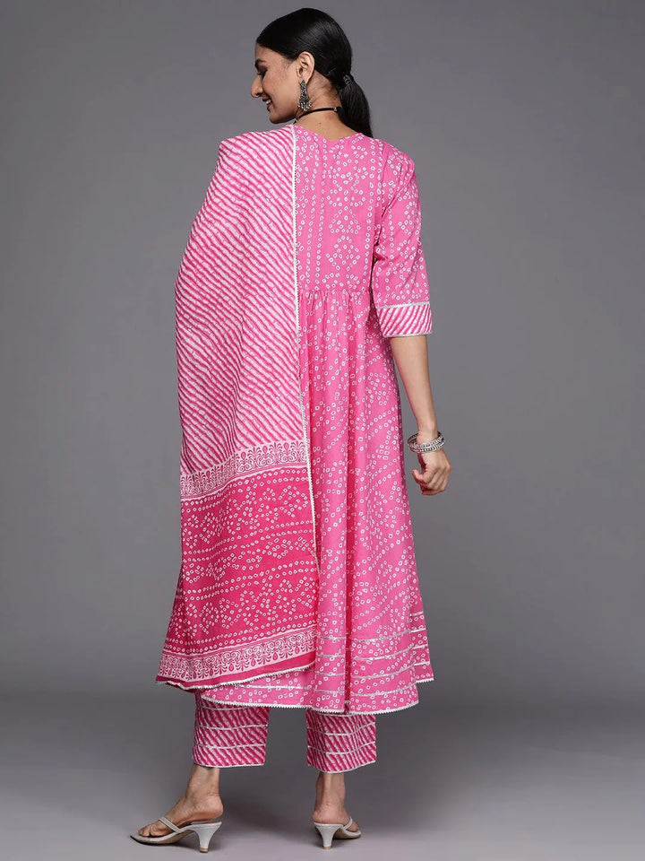 Pink Printed Cotton Anarkali Suit Set - Libas