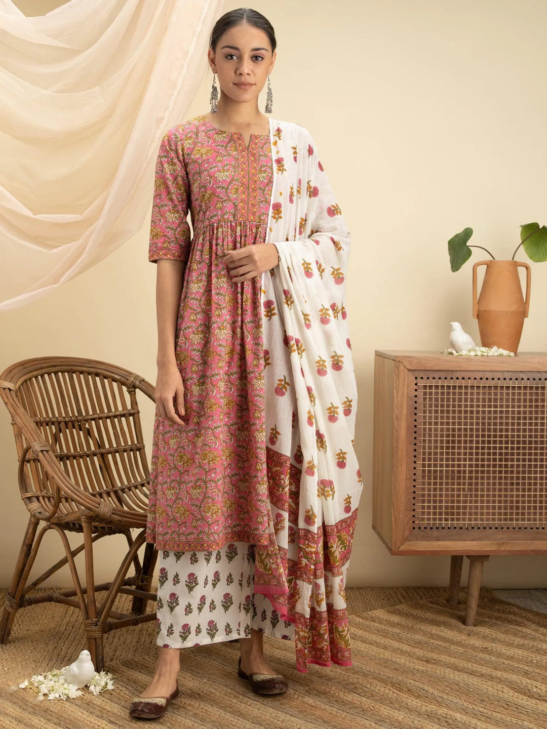 Pink Printed Cotton Suit Set - Libas 