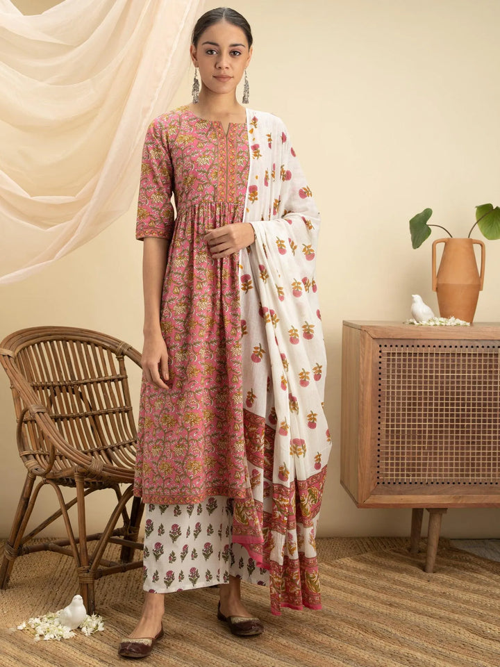 Pink Printed Cotton Suit Set - Libas