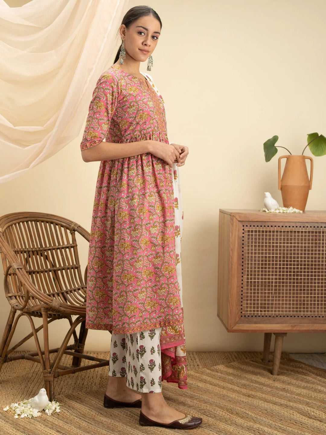 Pink Printed Cotton Suit Set - Libas 