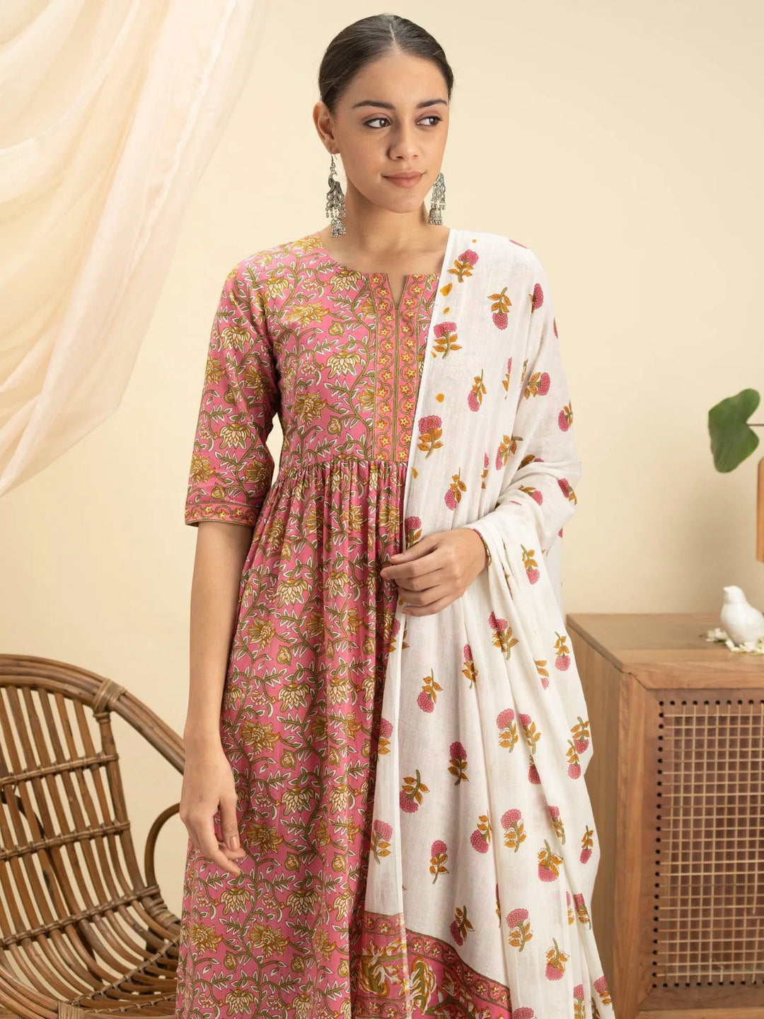 Pink Printed Cotton Suit Set - Libas 