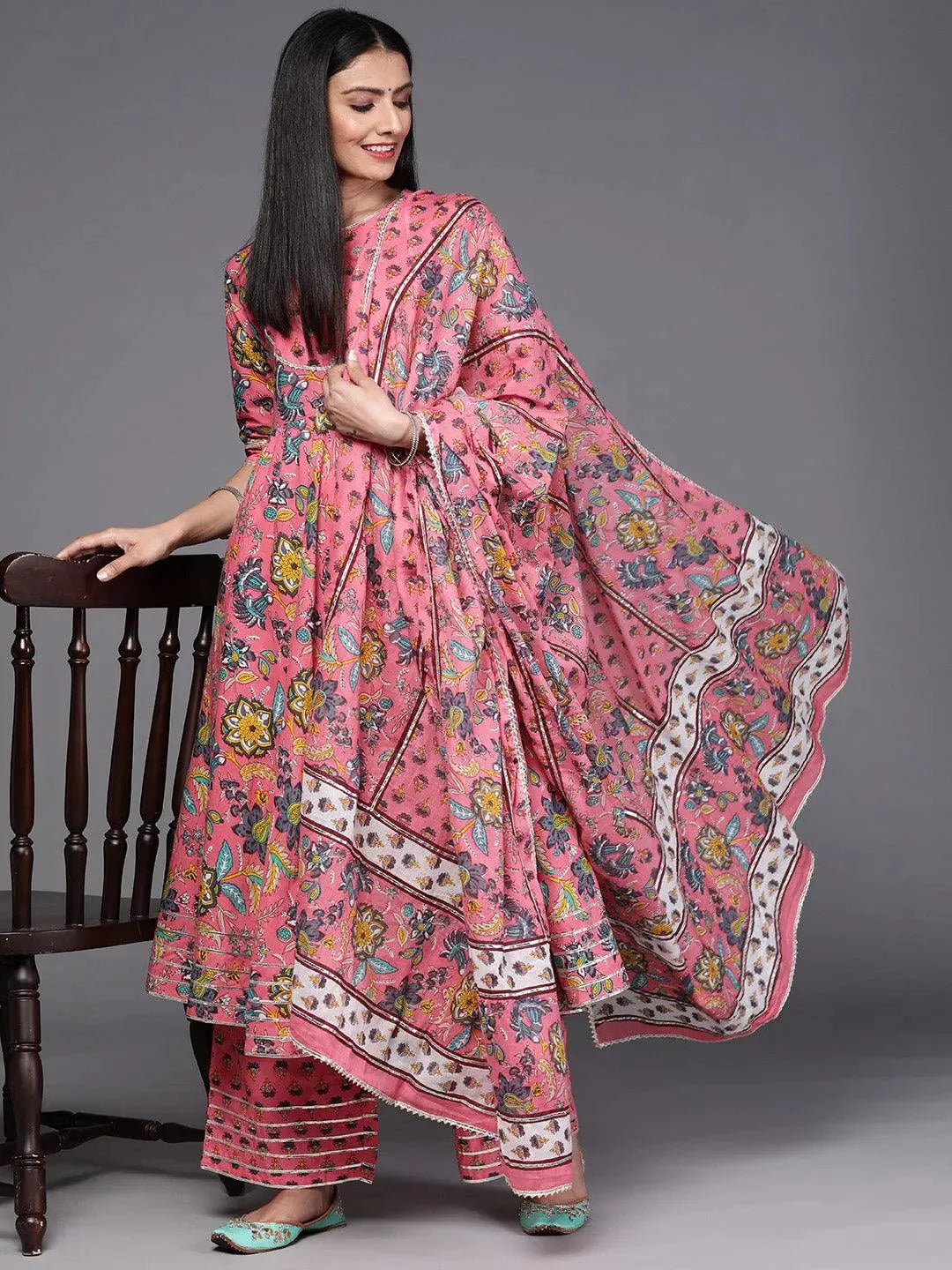 Pink Printed Cotton Anarkali Kurta With Palazzos & Dupatta