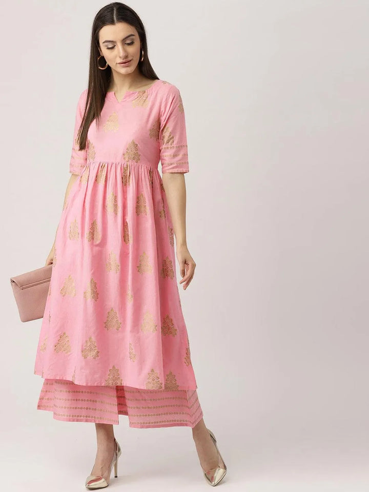 Pink Printed Cotton Kurta Set - Libas