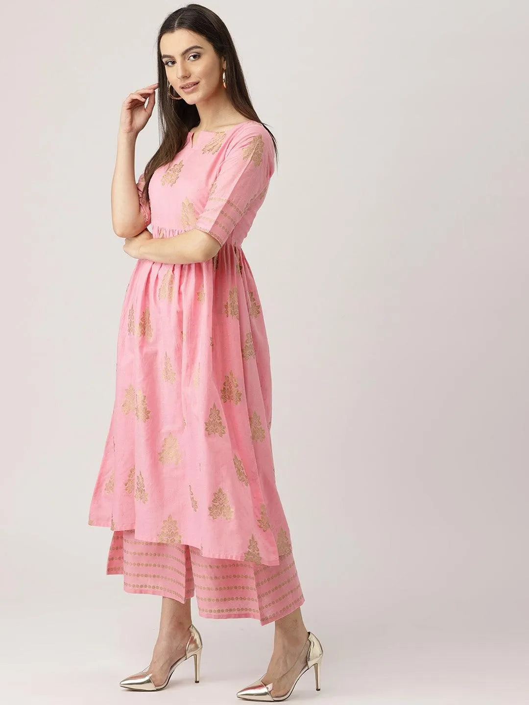 Pink Printed Cotton Kurta Set - Libas