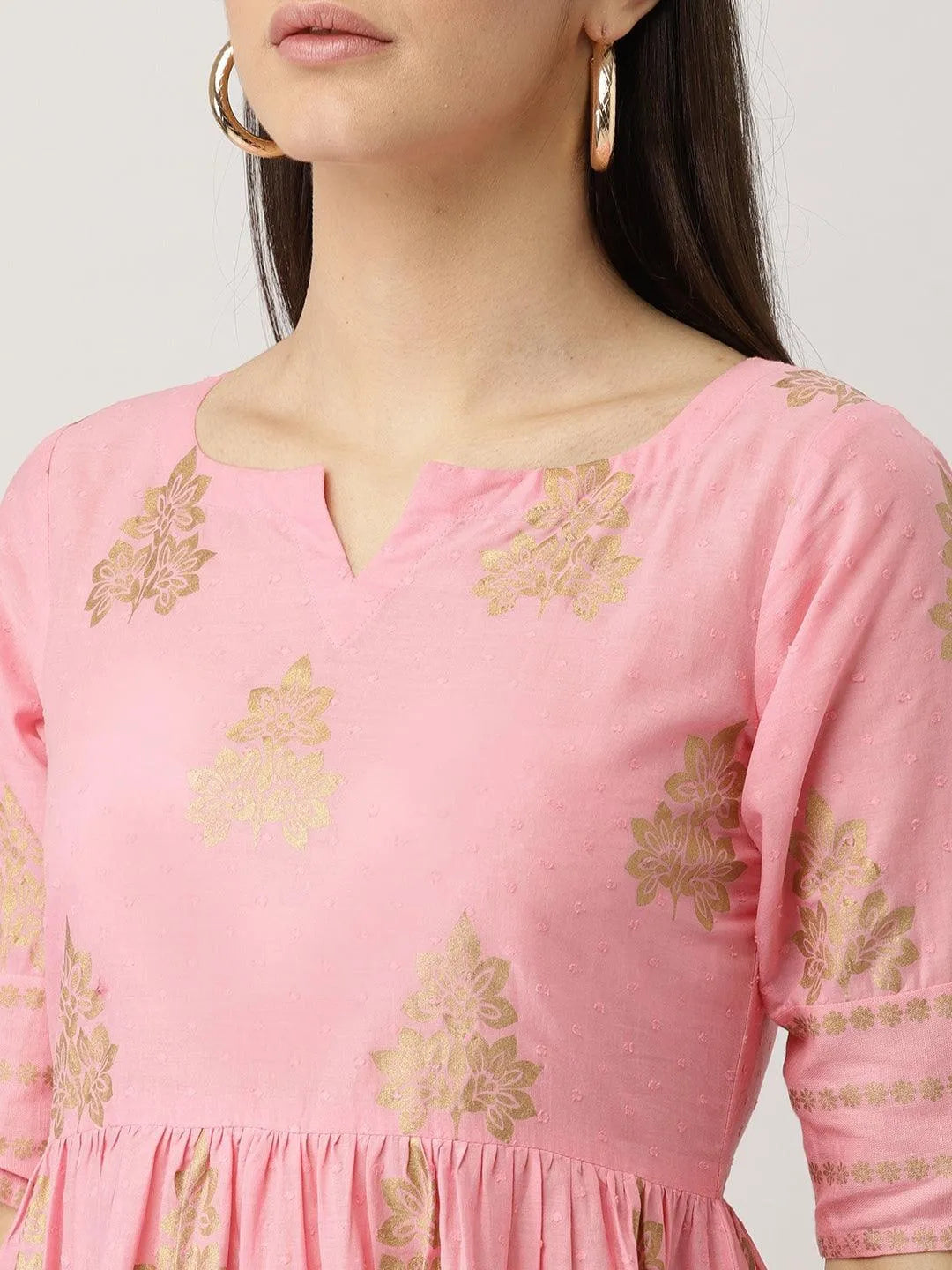 Pink Printed Cotton Kurta Set - Libas