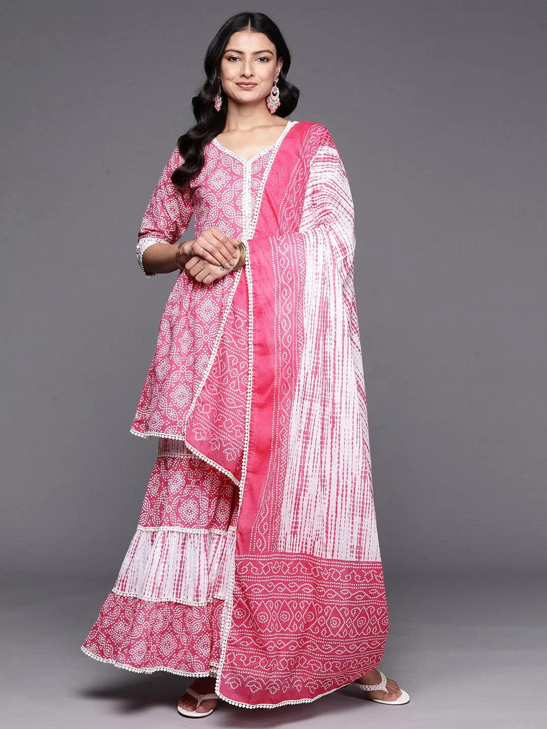 Pink Printed Cotton Anarkali Sharara Suit Set - Libas