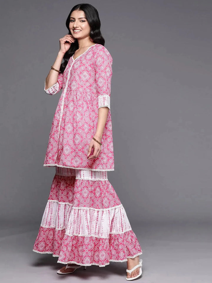 Pink Printed Cotton Anarkali Sharara Suit Set - Libas