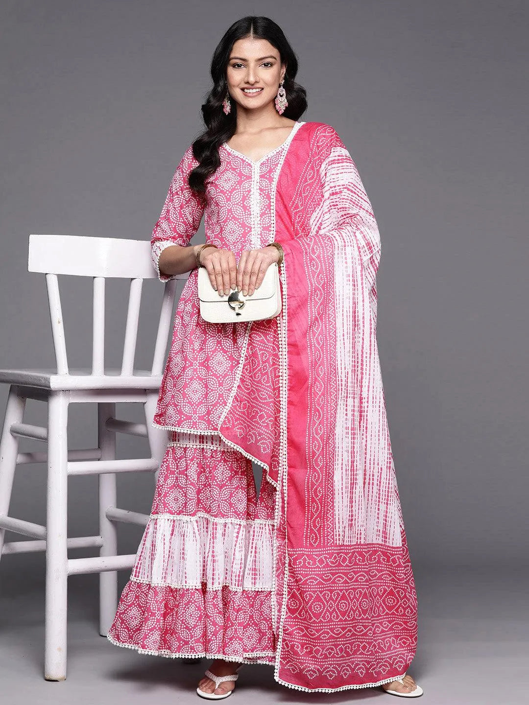 Pink Printed Cotton Anarkali Sharara Suit Set - Libas