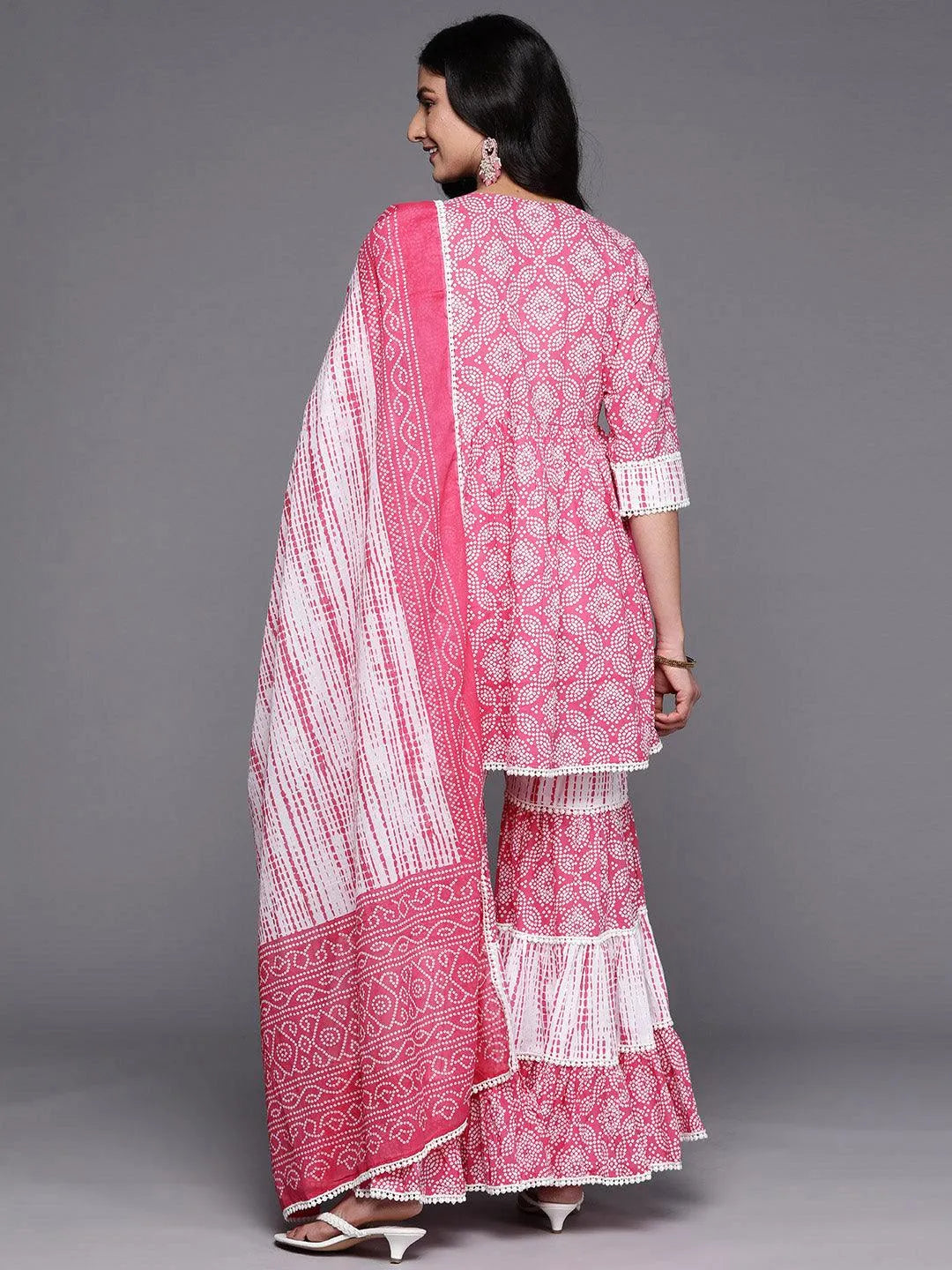 Pink Printed Cotton Anarkali Sharara Suit Set - Libas