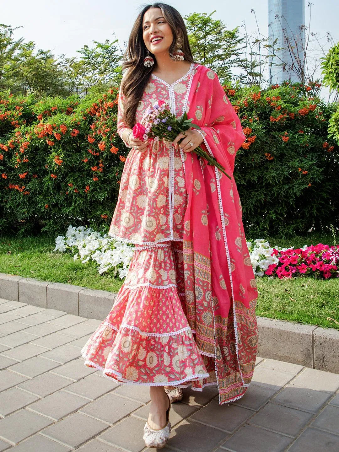 Pink Printed Cotton Anarkali Sharara Suit Set - Libas