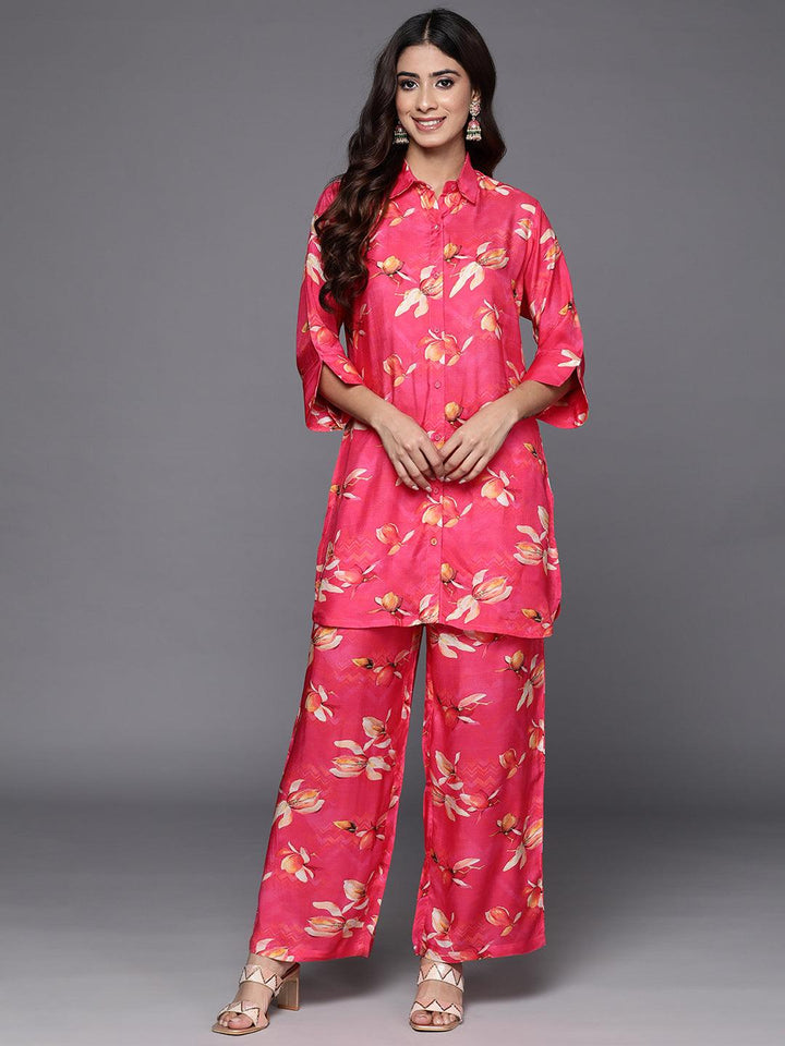 Pink Printed Cotton Blend Shirt With Palazzos - Libas