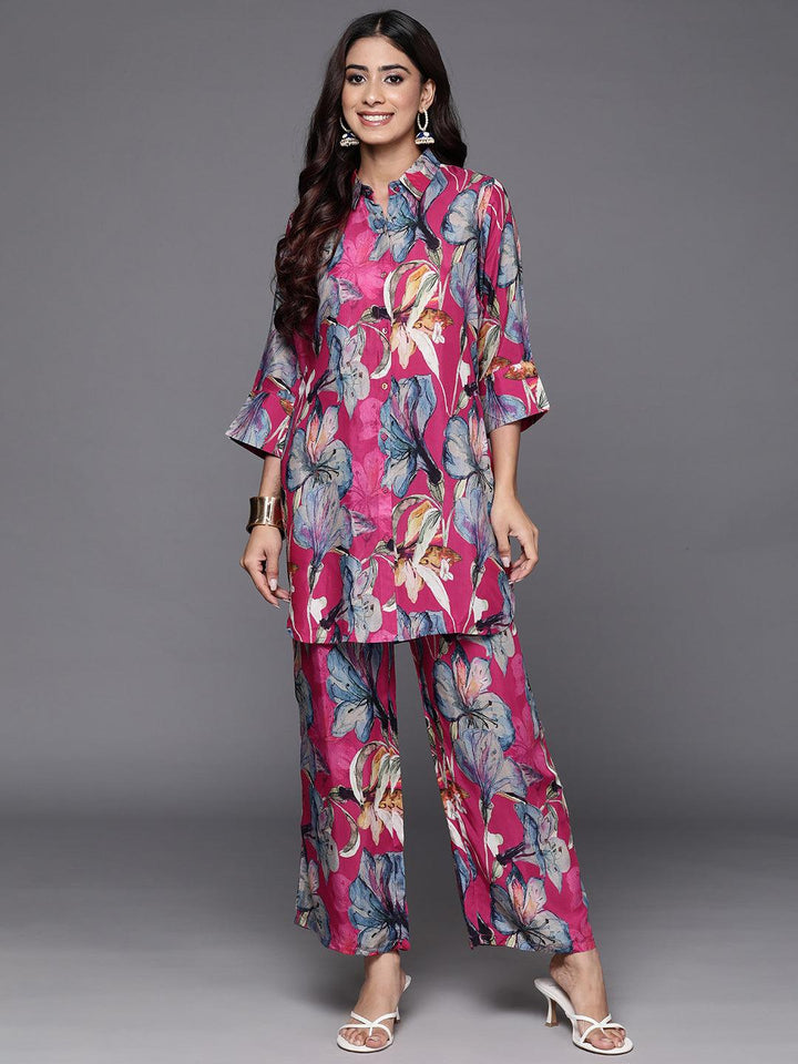 Pink Printed Cotton Blend Shirt With Palazzos - Libas