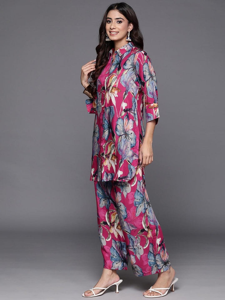 Pink Printed Cotton Blend Shirt With Palazzos - Libas