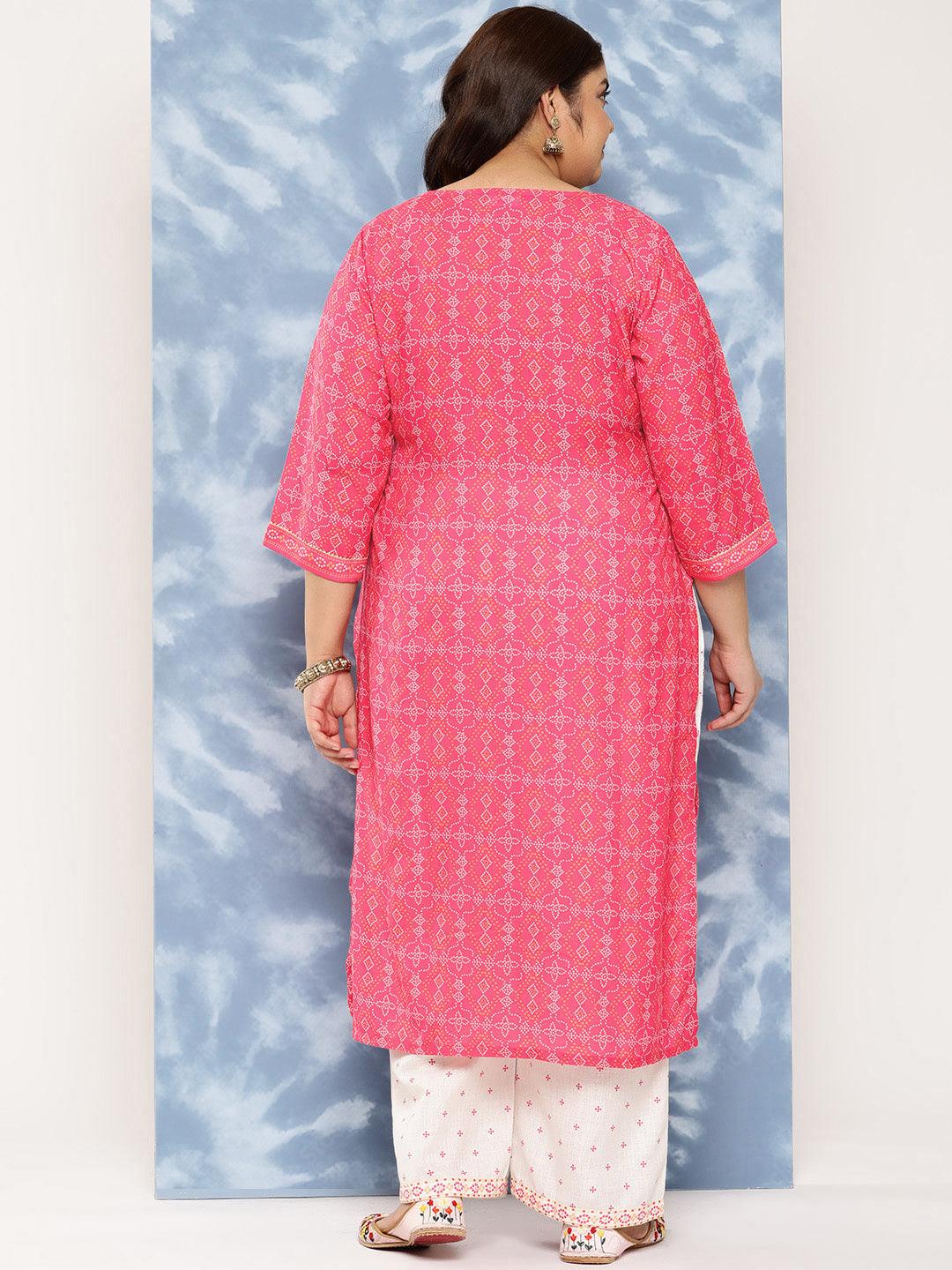 Pink Printed Cotton Blend Straight Kurta With Trousers - Libas