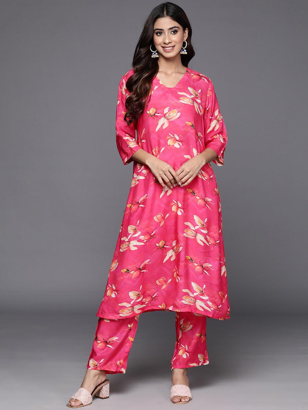 Pink Printed Cotton Blend Tunic With Palazzos - Libas 