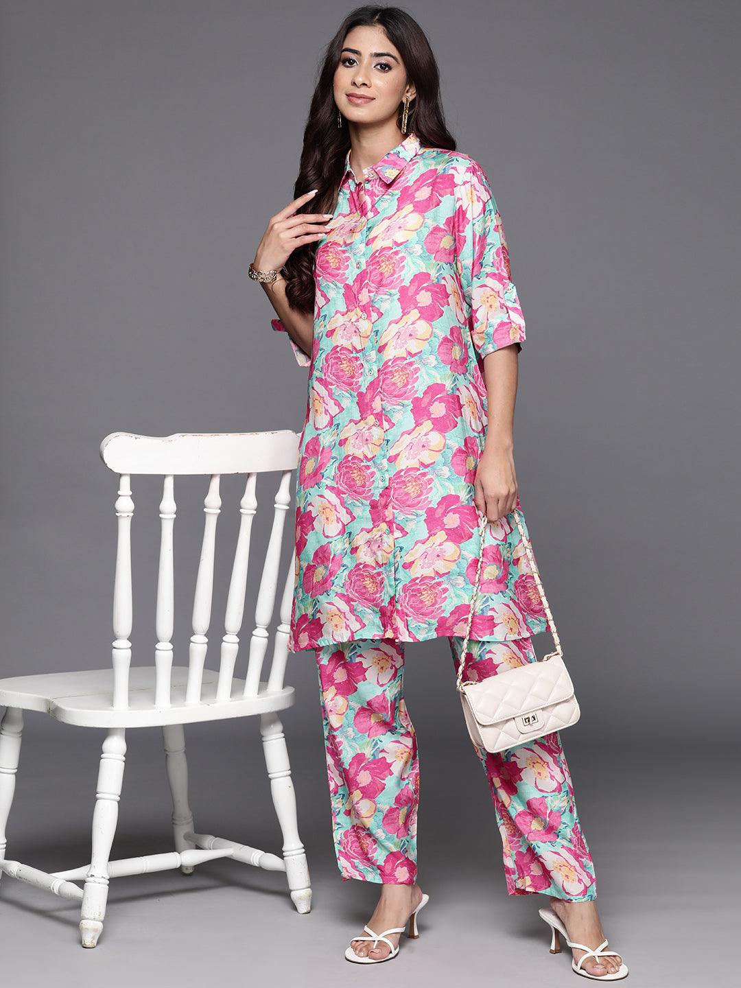 Pink Printed Cotton Blend Tunic With Palazzos - Libas