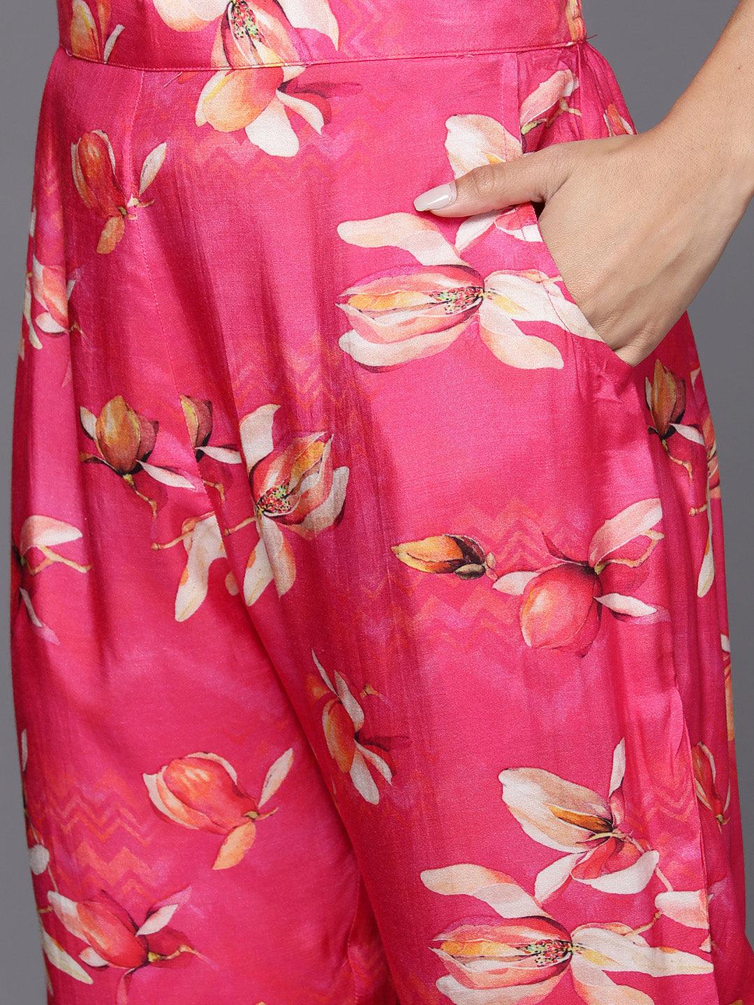 Pink Printed Cotton Blend Tunic With Palazzos - Libas 