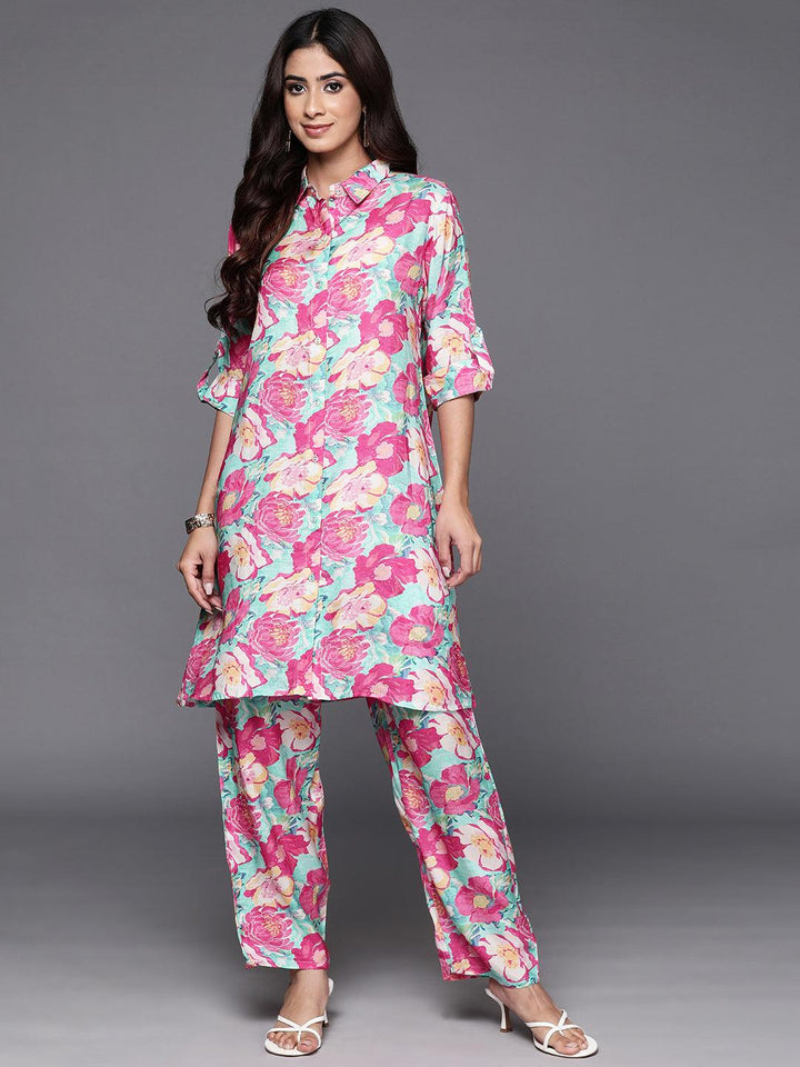 Pink Printed Cotton Blend Tunic With Palazzos - Libas