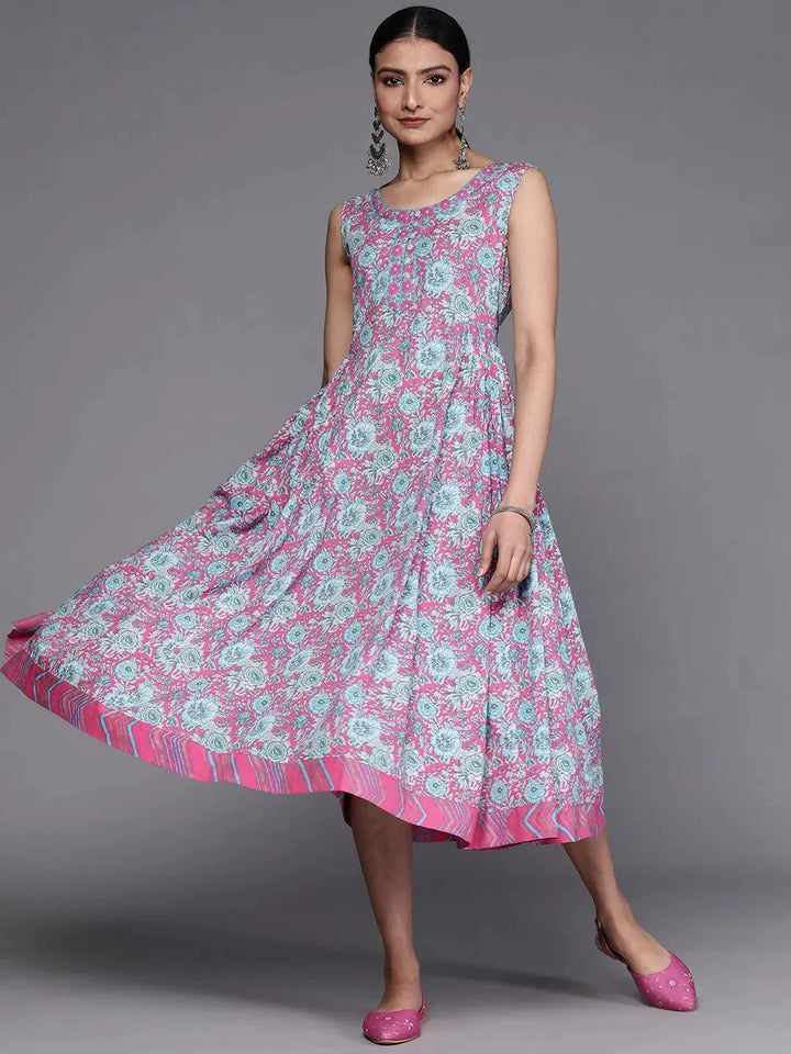 Pink Printed Cotton Dress - Libas