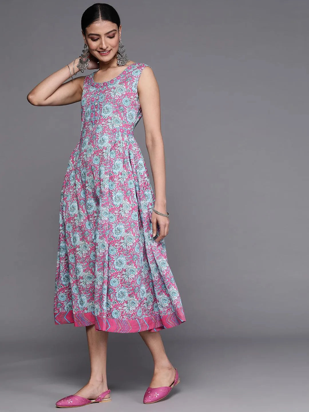 Pink Printed Cotton Dress - Libas 