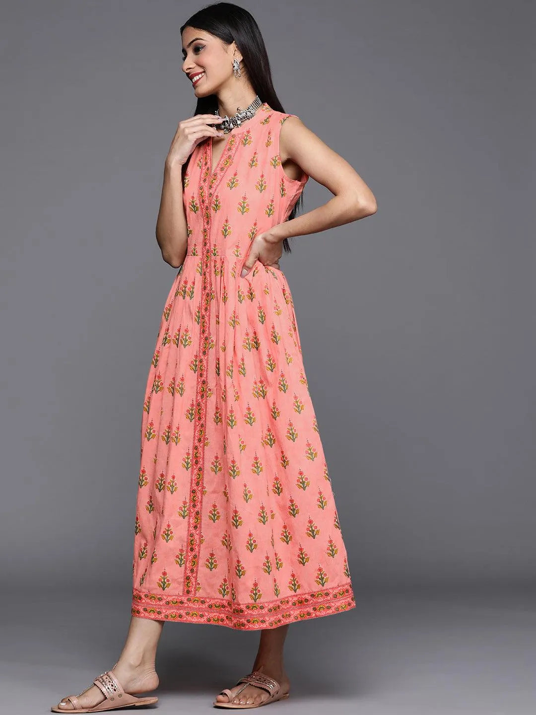 Pink Printed Cotton Dress - Libas