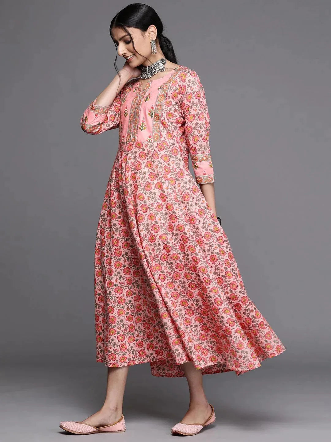 Pink Printed Cotton Dress - Libas 