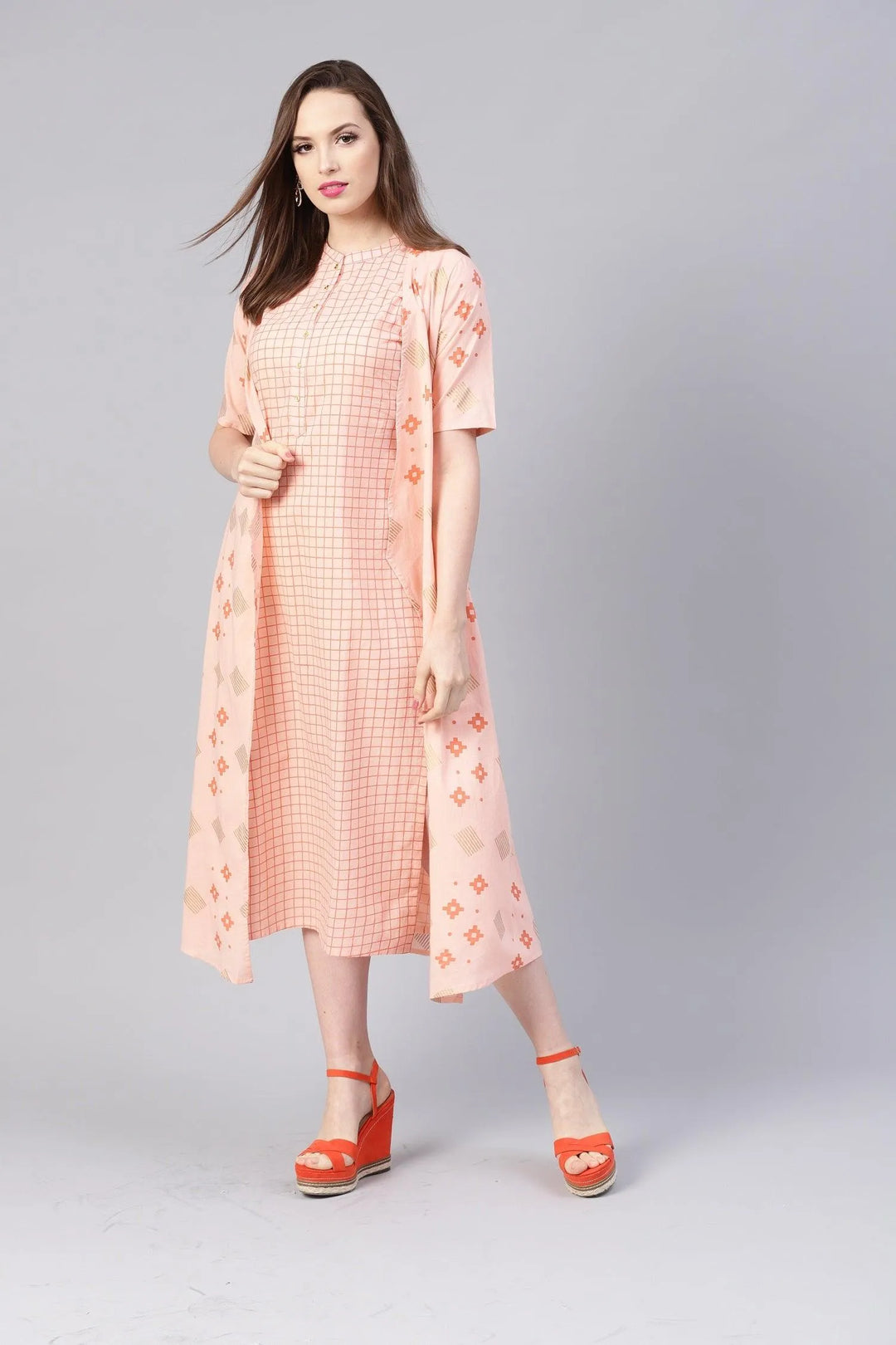 Pink Printed Cotton Dress With Jacket - Libas 