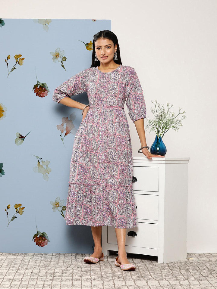 Pink Printed Cotton Fit and Flare Dress - Libas