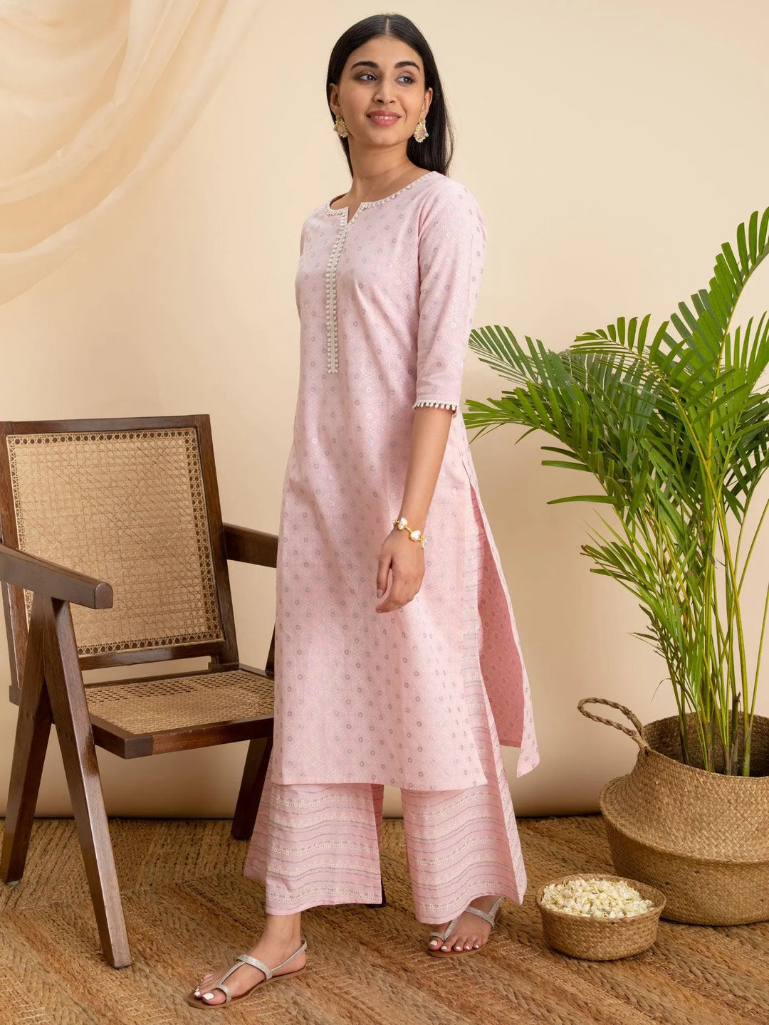 Pink Printed Cotton Kurta - Libas