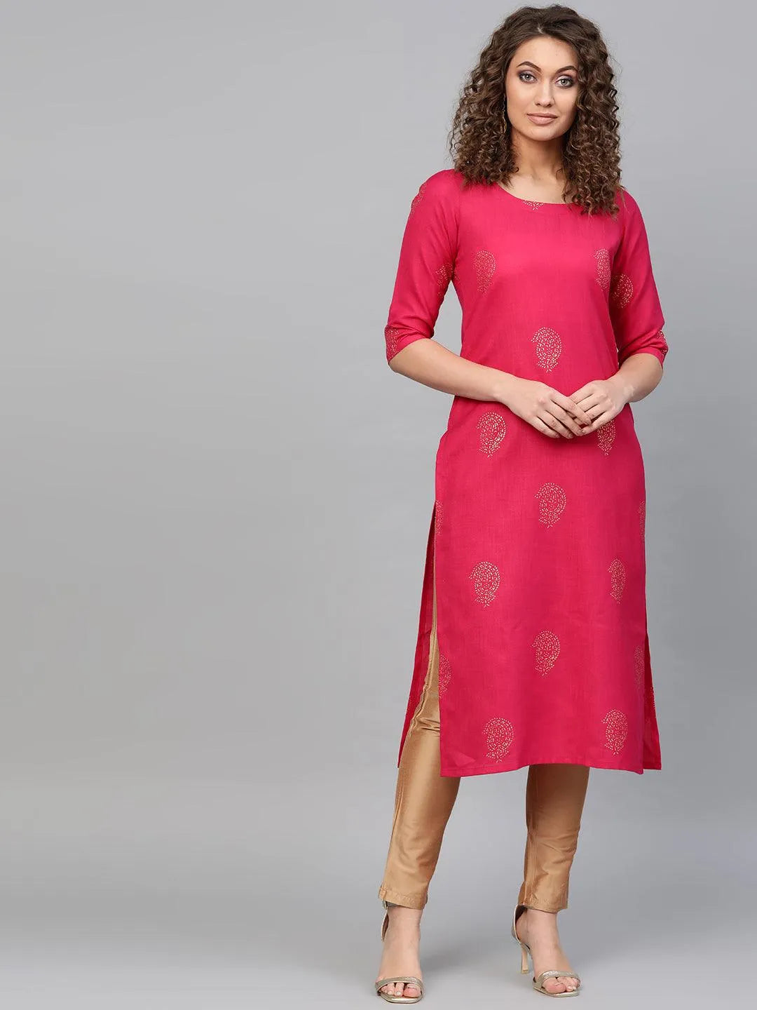 Pink Printed Cotton Kurta - Libas