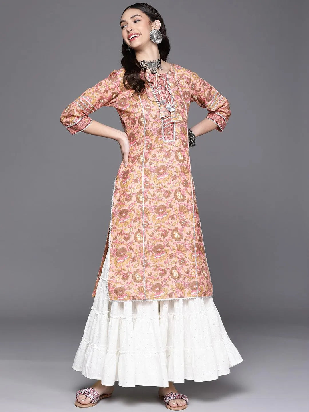 Pink Printed Cotton Kurta - Libas 