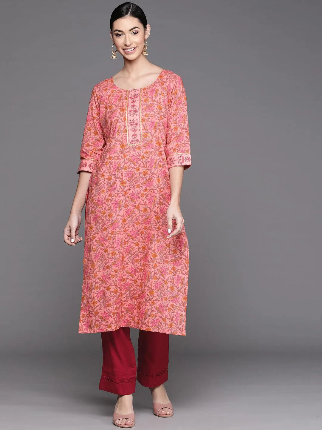 Pink Printed Cotton Kurta - Libas