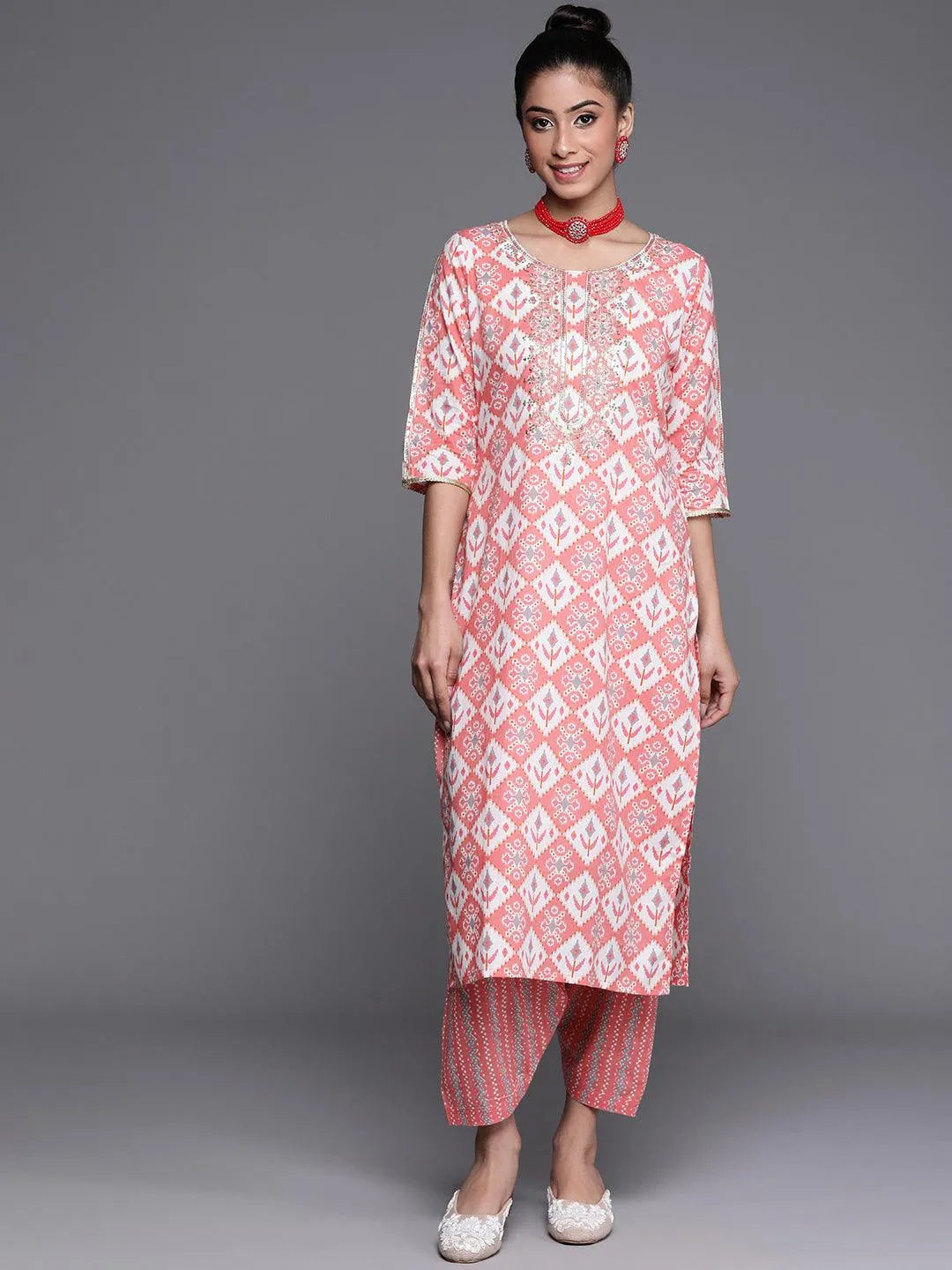 Pink Printed Cotton Kurta - Libas