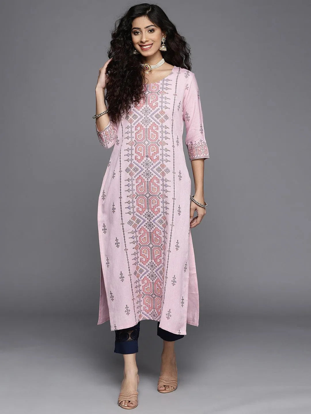 Pink Printed Cotton Kurta - Libas