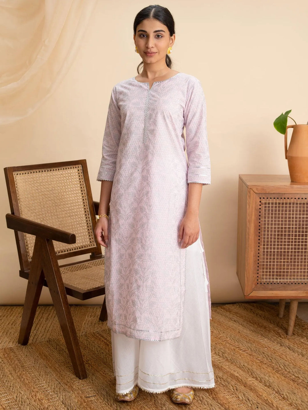 Pink Printed Cotton Kurta - Libas