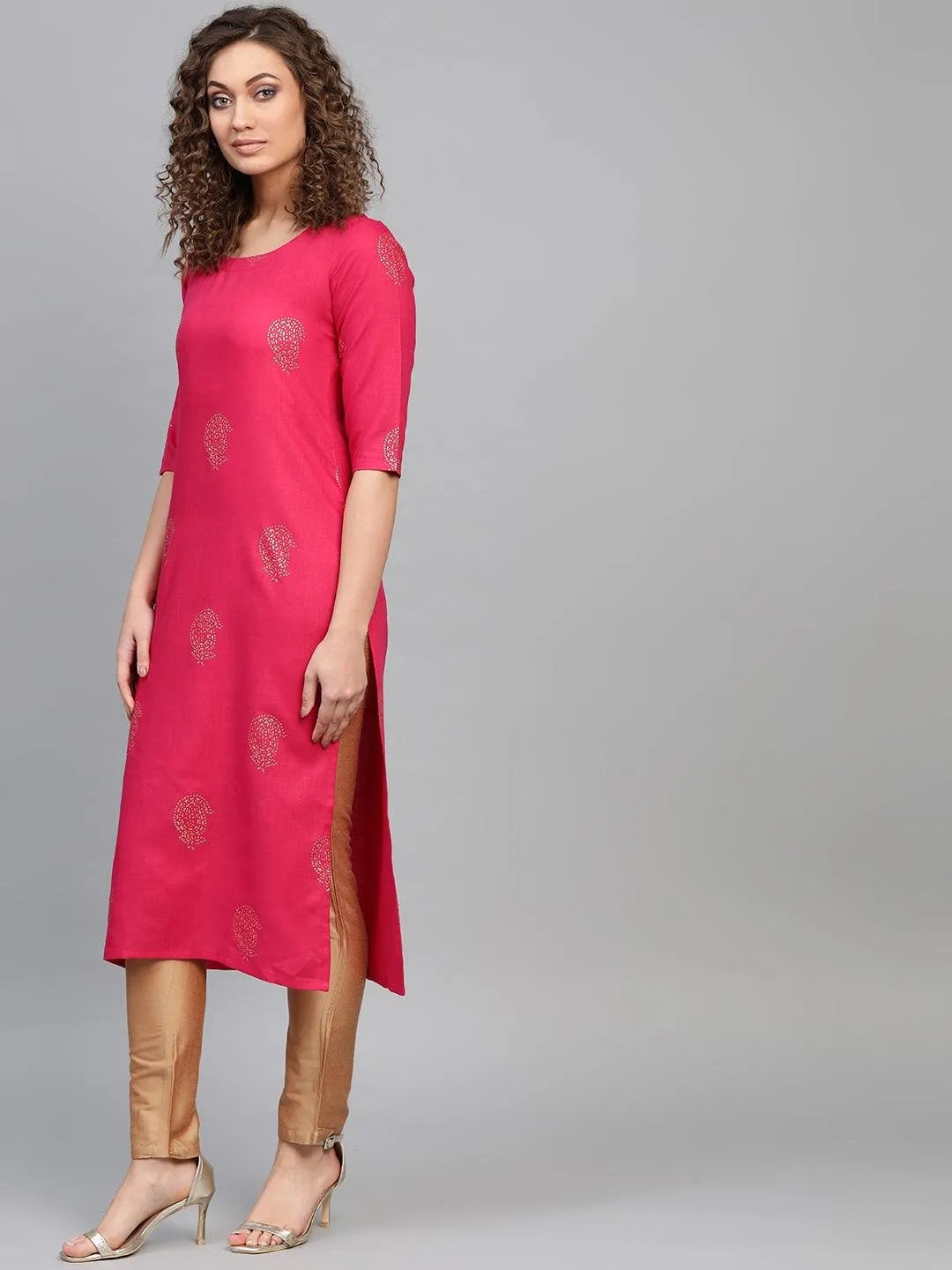 Pink Printed Cotton Kurta - Libas