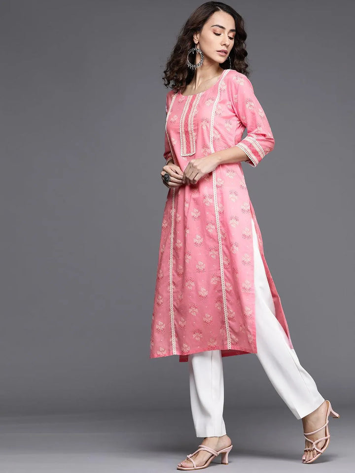 Pink Printed Cotton Kurta - Libas