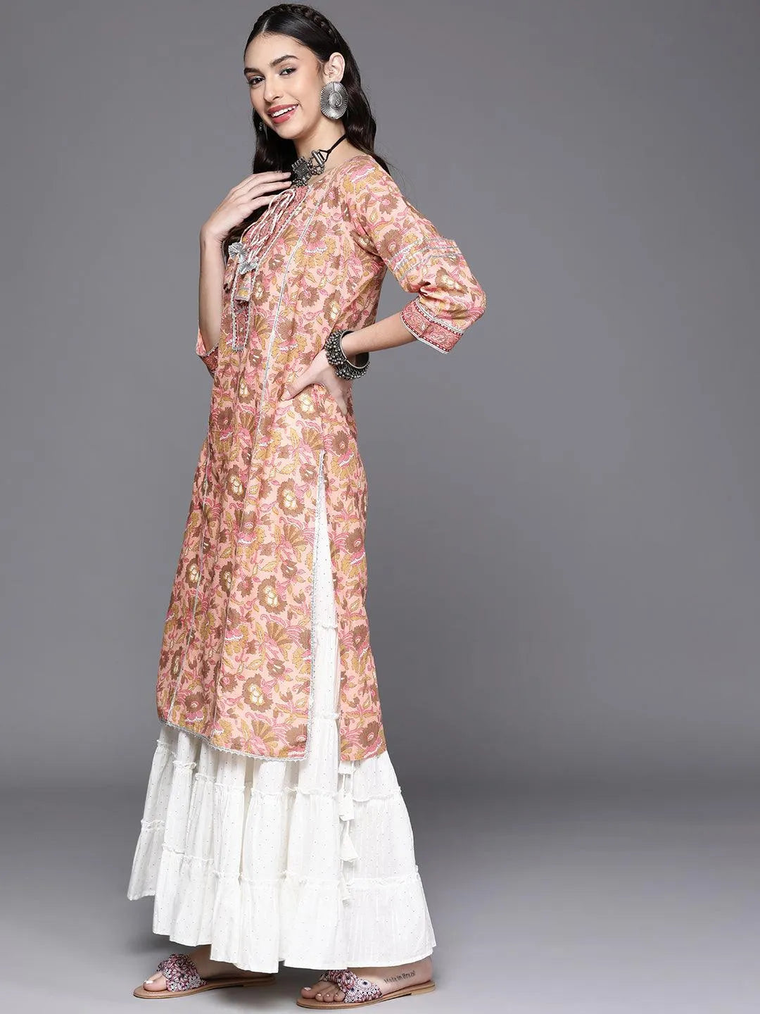 Pink Printed Cotton Kurta - Libas 