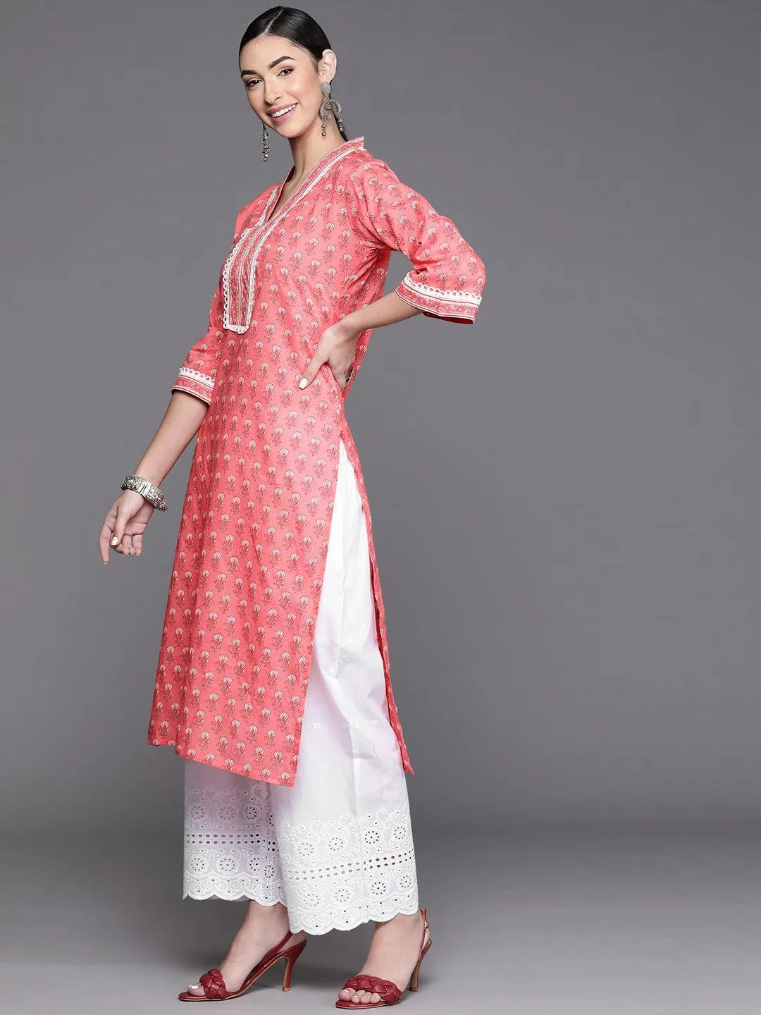 Pink Printed Cotton Kurta - Libas