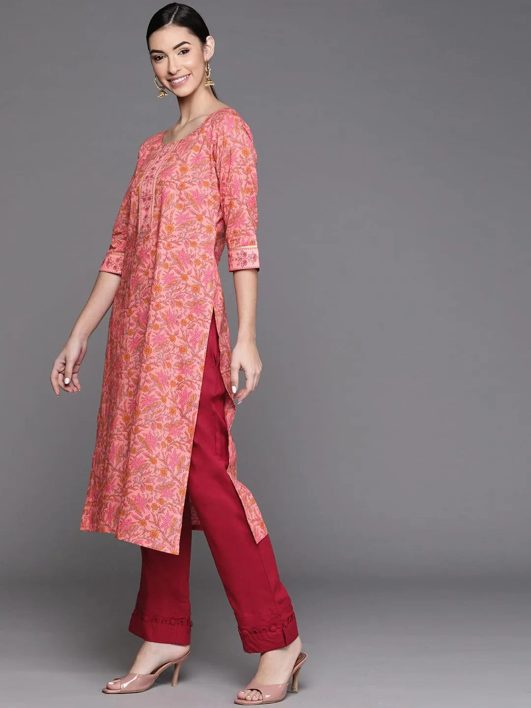 Pink Printed Cotton Kurta - Libas