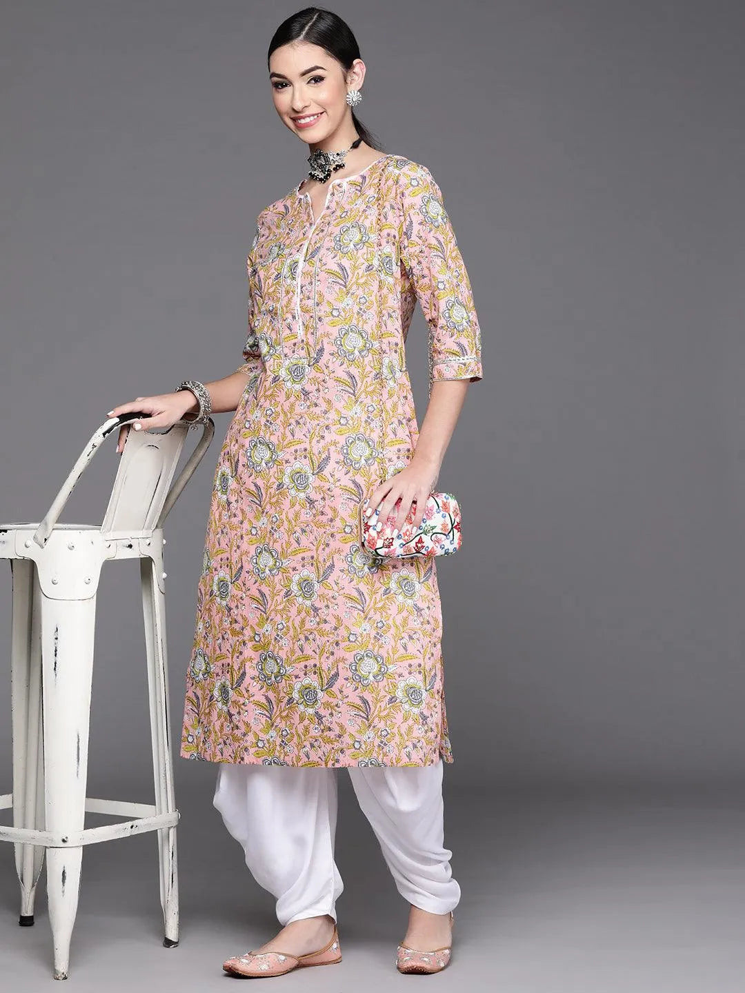 Pink Printed Cotton Kurta - Libas