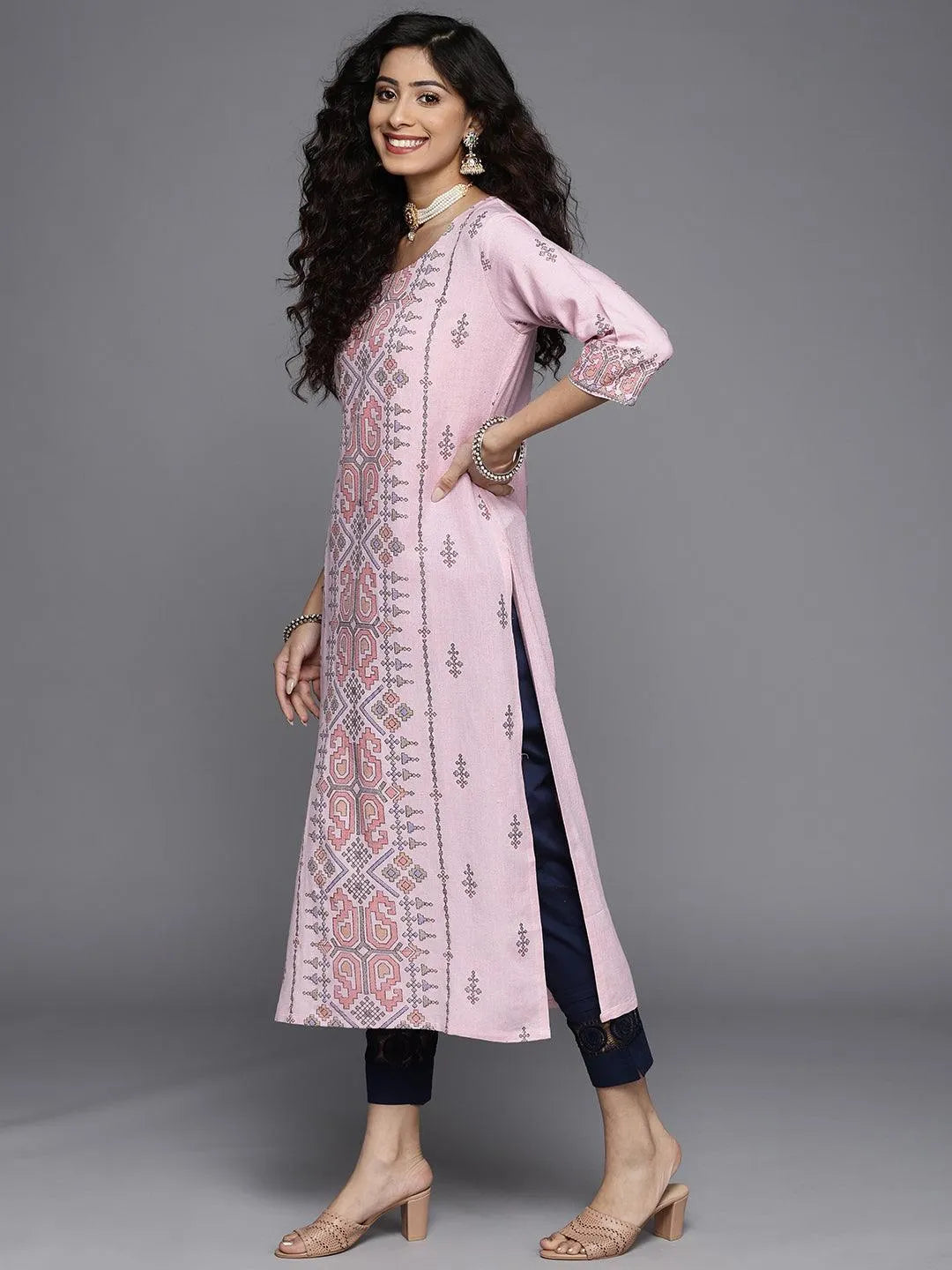 Pink Printed Cotton Kurta - Libas