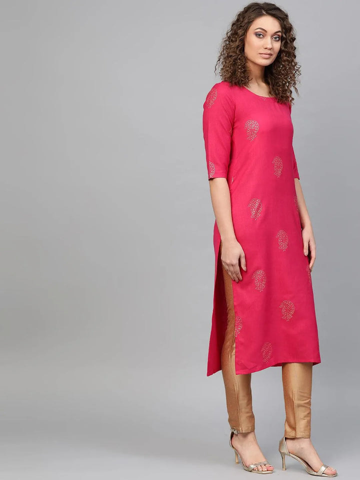 Pink Printed Cotton Kurta - Libas