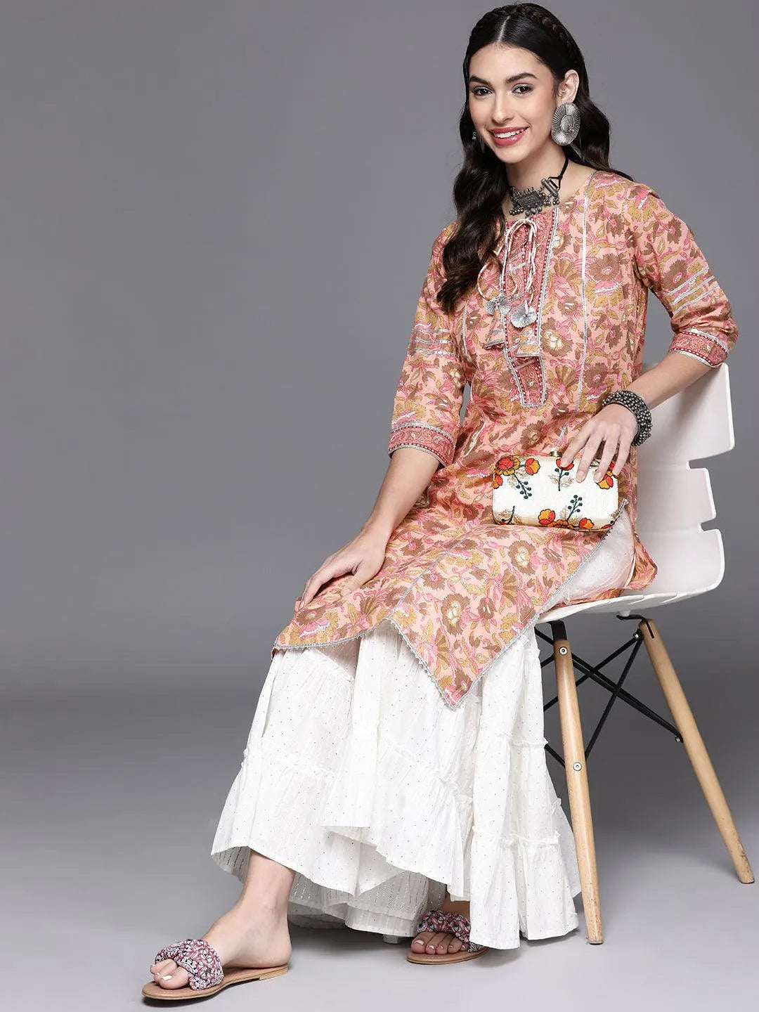 Pink Printed Cotton Kurta - Libas 