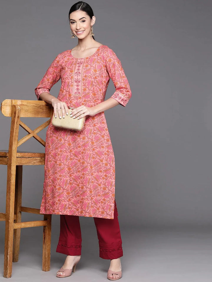 Pink Printed Cotton Kurta - Libas