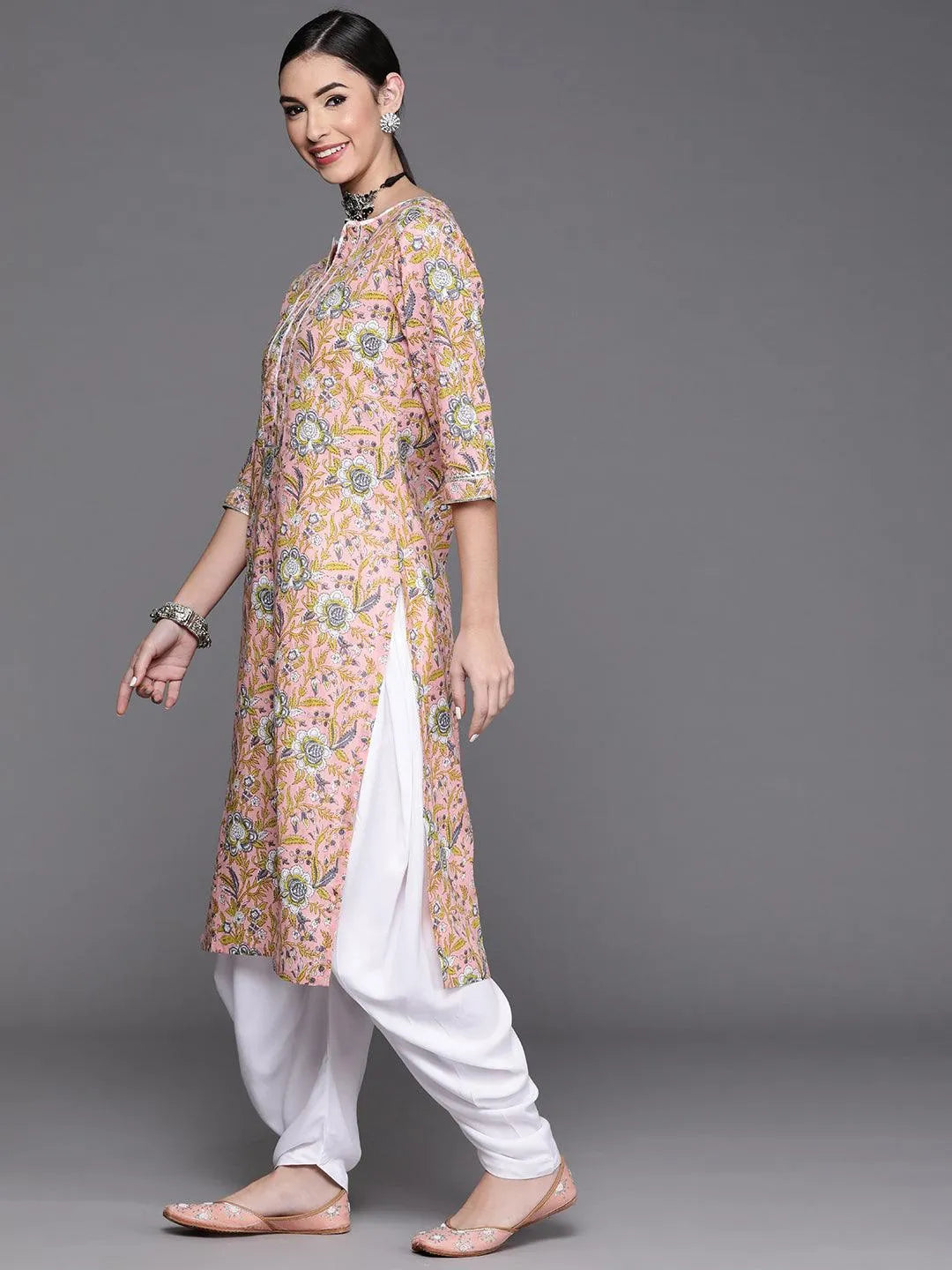 Pink Printed Cotton Kurta - Libas