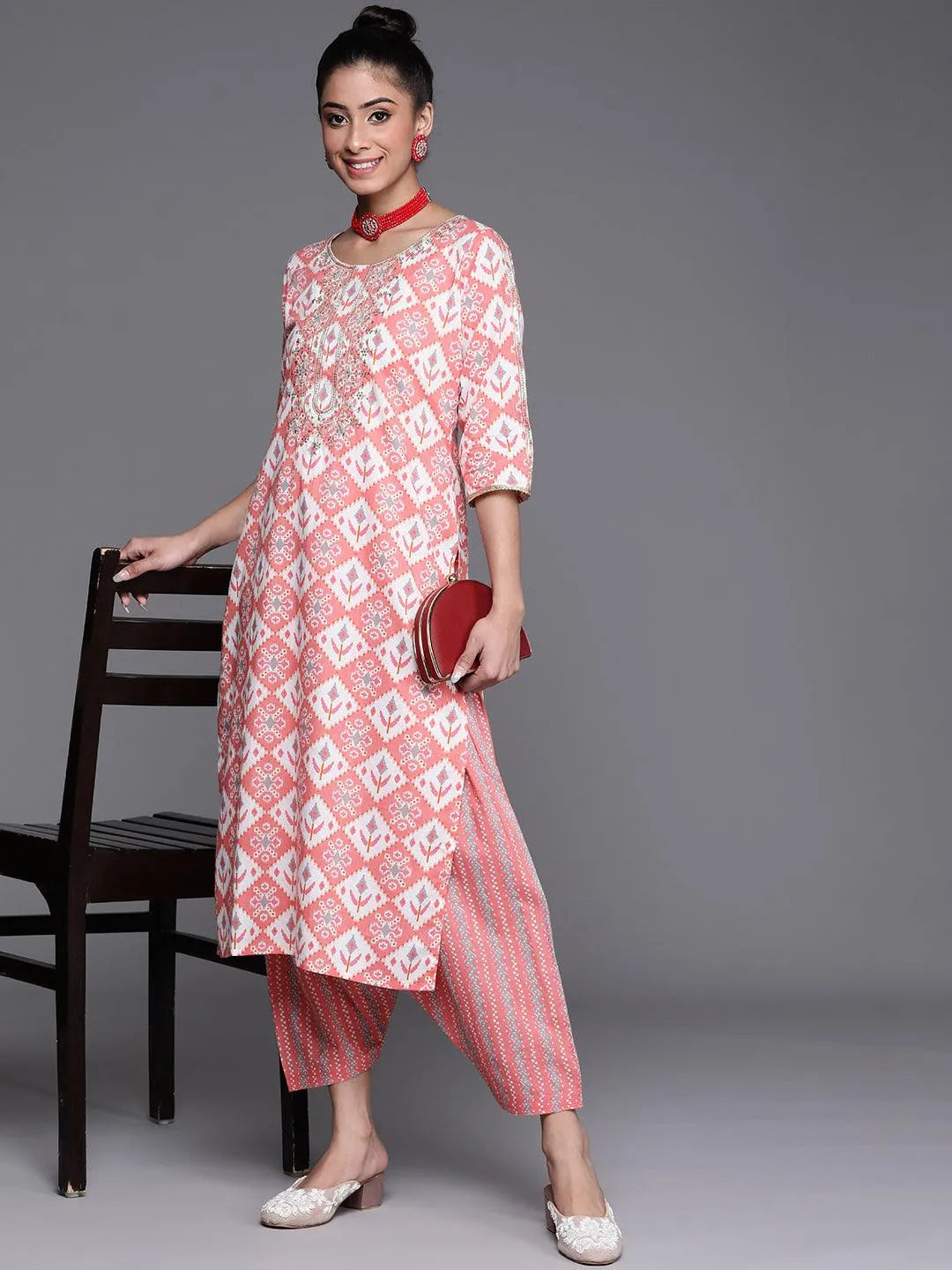 Pink Printed Cotton Kurta - Libas