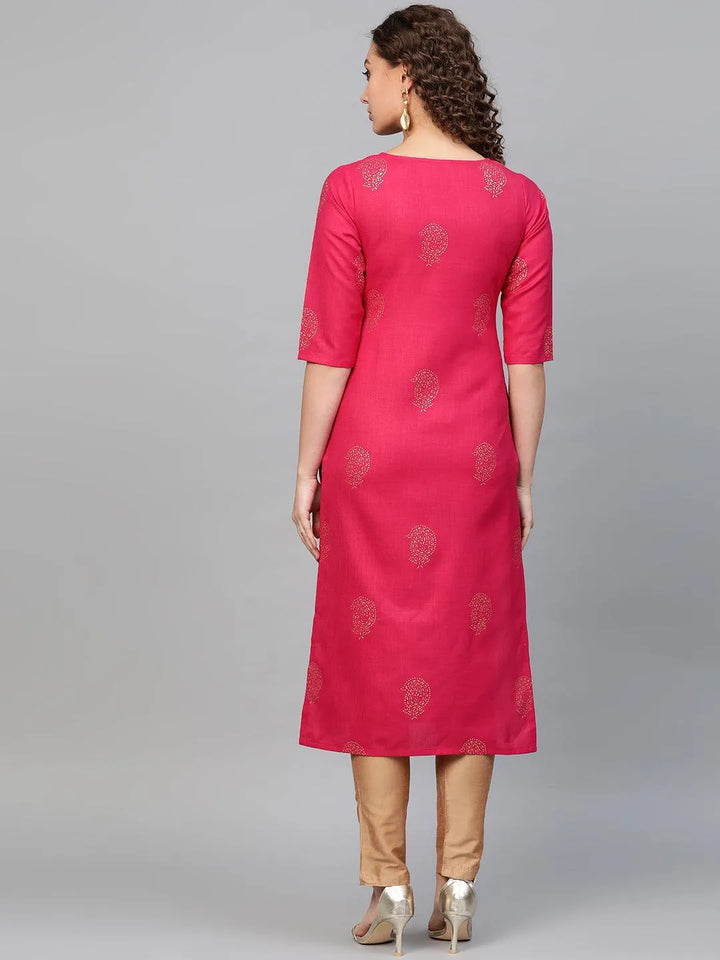 Pink Printed Cotton Kurta - Libas