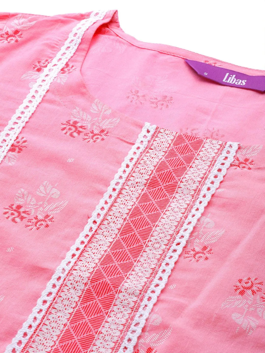 Pink Printed Cotton Kurta - Libas